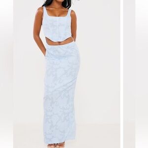 NWT PrettyLittleThing Light Blue Floral Burn Out Corset‎ Cut Out Maxi Dress Sz 6